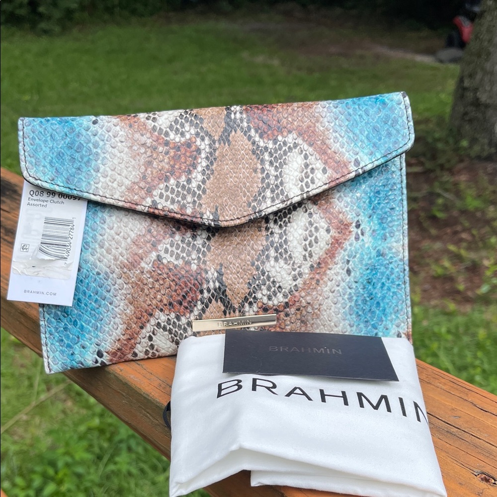 Brahmin Blue and Brown Snake Print Clutch